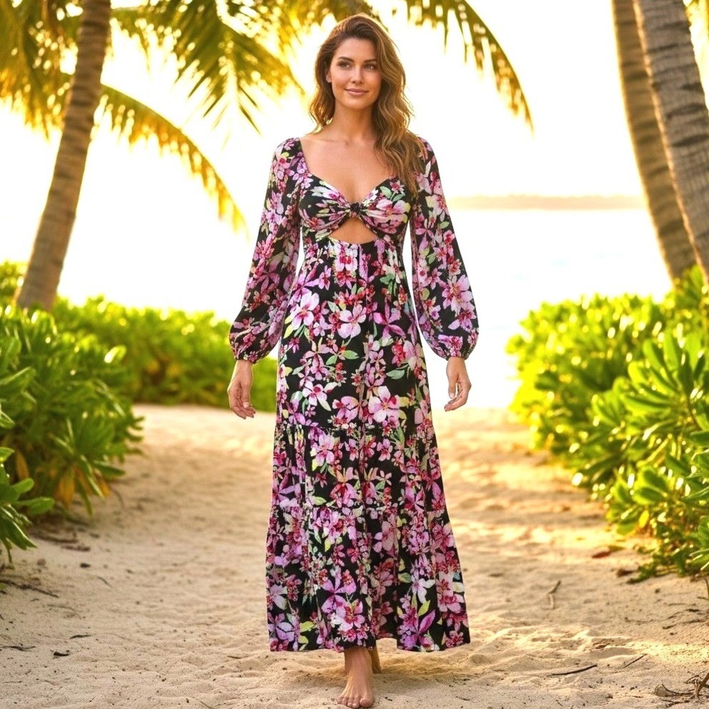 Roxy Floral Cutout Knot Front Maxi Dress Boho Flowy Cottagecore Black Pink S NWT